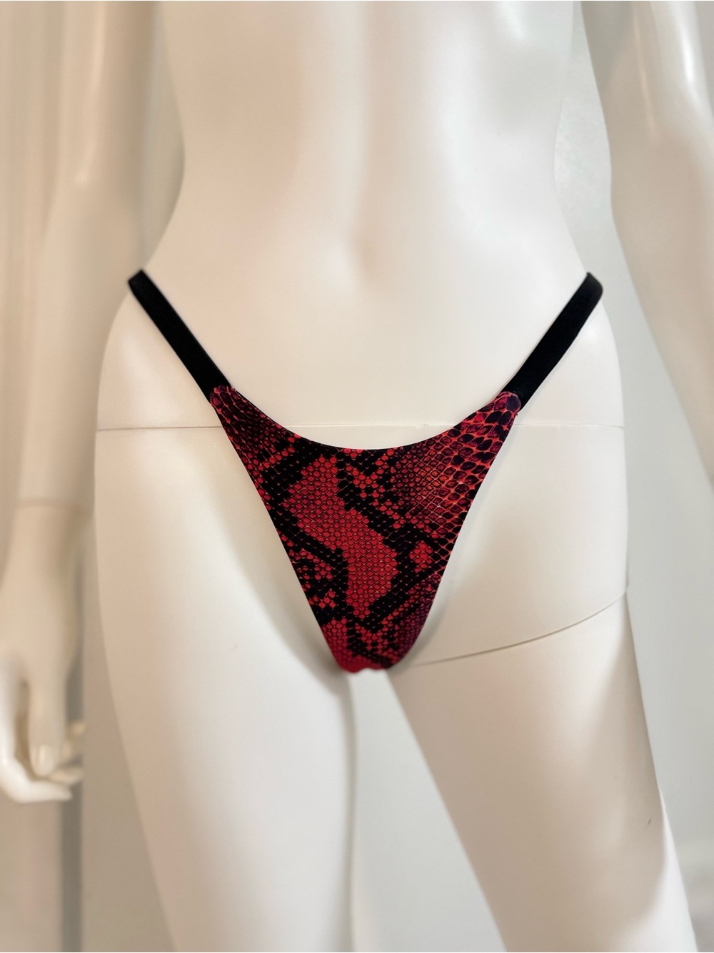 Red & Black Snakeskin Print Thong Bikini Bottom